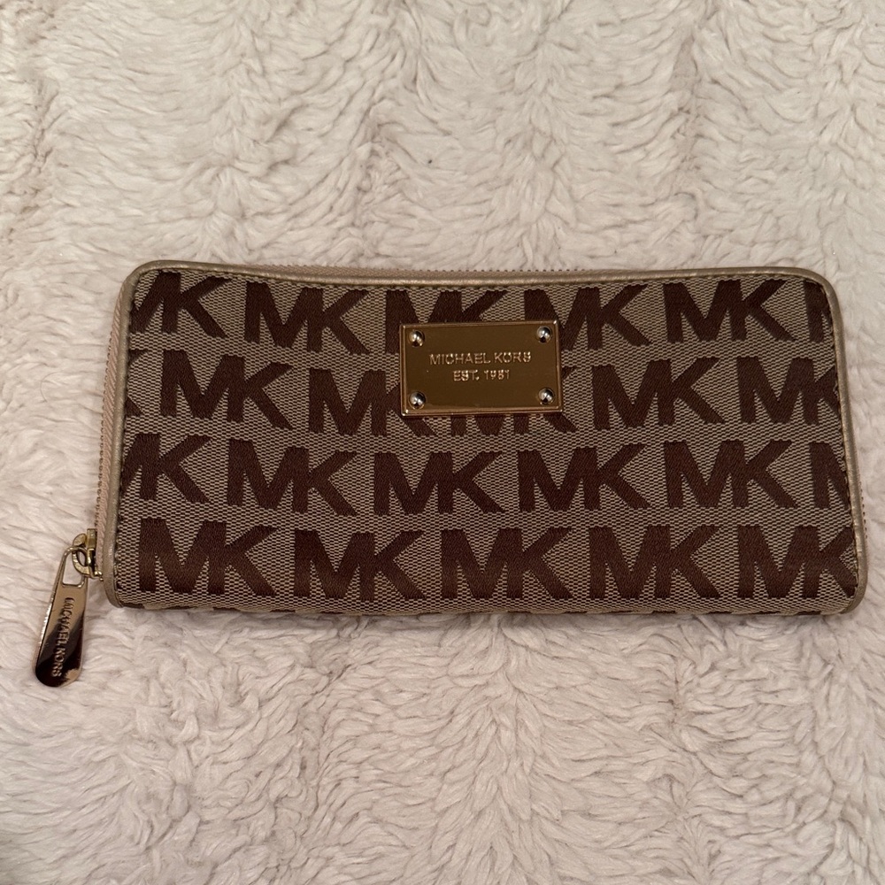 Michael Kors Tan and Brown Logo Zip Wallet